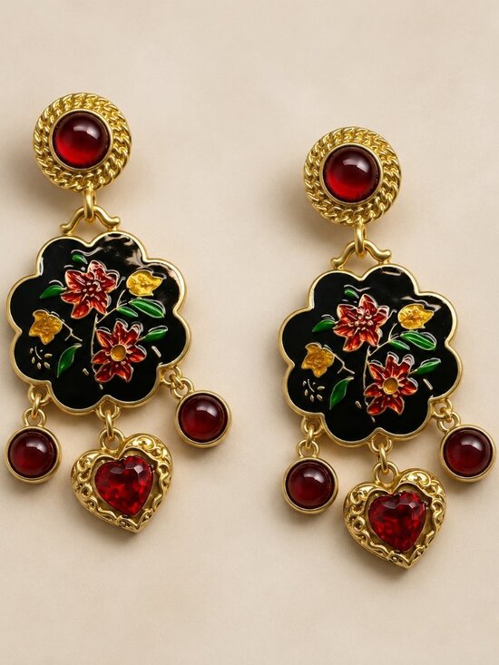Jewelry - Vintage Style Black Enamel Floral Dangle Earrings Red Heart Gold Tone NWT